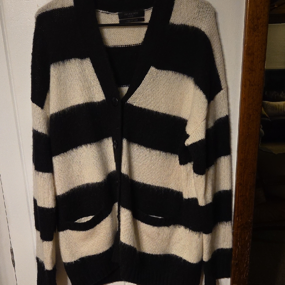 All Saints Black and Cream Striped Cardigan